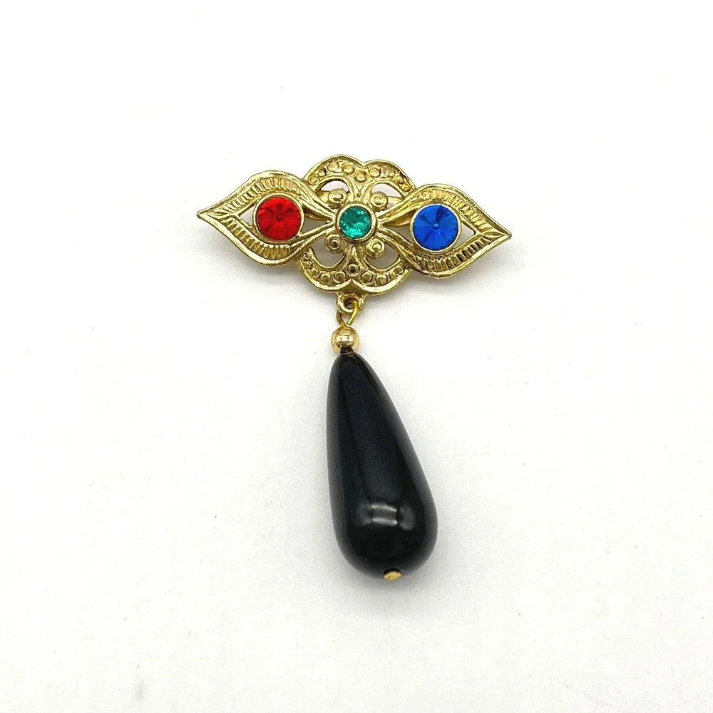 Vintage Gold Tone Brooch with Red Blue Green Rhinestones Black Teardrop